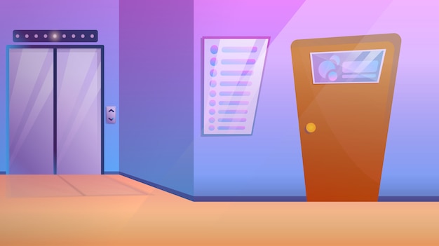 Business center corridor with elevator and door to office, vector illustration