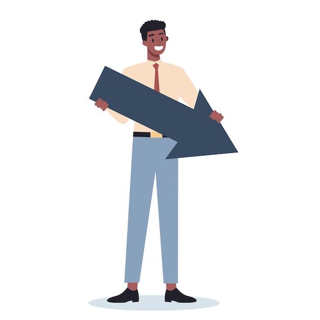 Business character pointing to something with big arrow. Male business worker smiling and showing something. Successful employee, achievement concept.