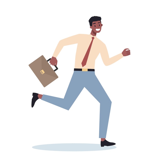 Business character with briefcase running. Business man rushing in a hurry. Happy and successful employee in a suit. 