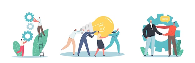 Business Characters Team Collaboration, Working on Project or Creative Idea. Tiny Male and Female Employees with Huge Lamp and Gears Teamwork in Office Workplace. Cartoon People Vector Illustration