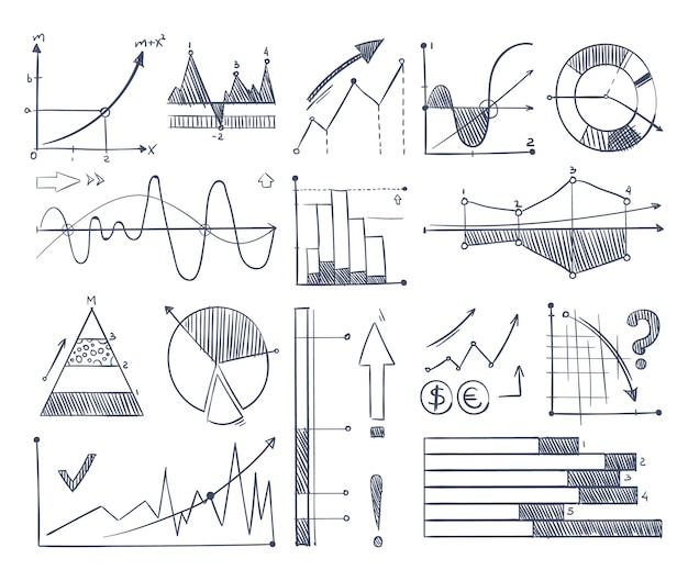 Business charts and diagrams set in doodle style Vector pictures Graph and diagram chart data infographic illustration