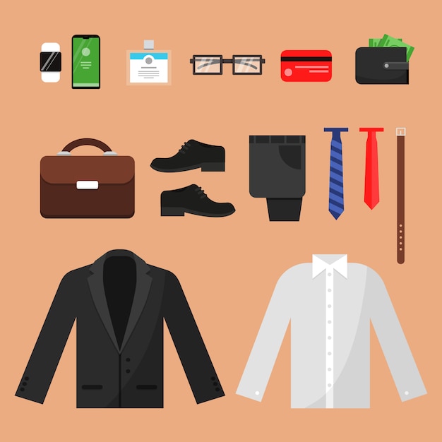 Business clothes. Fashion for office managers male pants shirt watches belt socks and other  top view items isolated