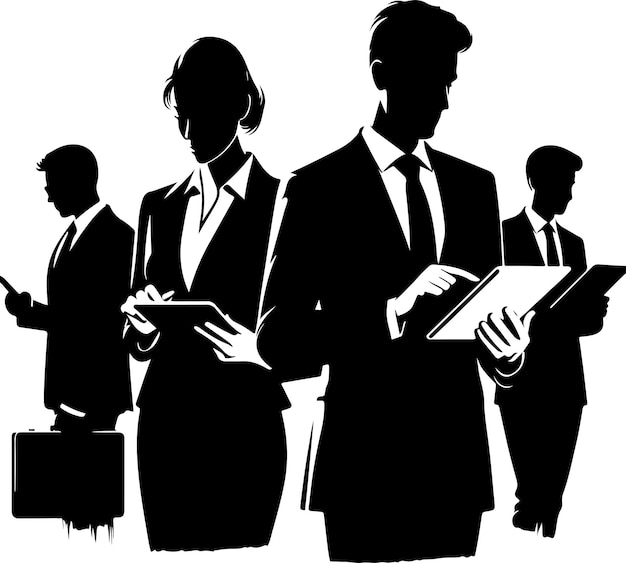 Business colleagues using digital tablet while walking vector black color silhouette