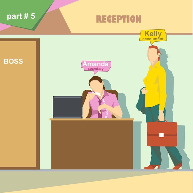 Business company roles situation infographics with accountant and secretary talking on the phone at work Digital vector image