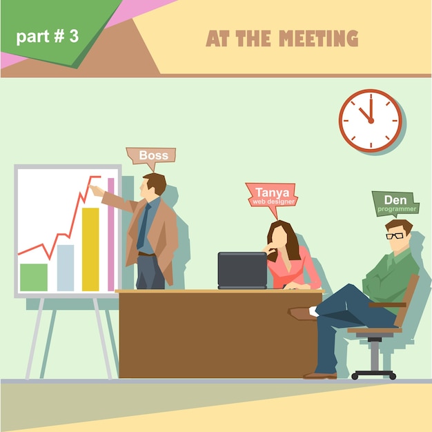 Business company roles situation infographics with boss web designer and programmer in a meeting at work Digital vector image