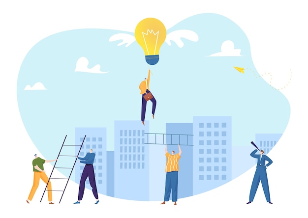 Business competition concept vector illustration businessman people character try to get idea bulb with wings leader hold rope in sky