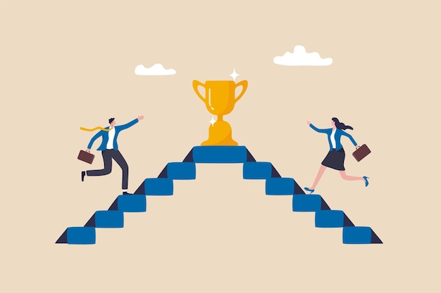 Business competition employee motivation to success rivalry or conflict contest or challenge to achieve target effort concept businessman and businesswoman walk up stair compete to win trophy