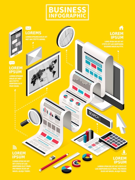 Business concept 3d isometric flat design with office supplies