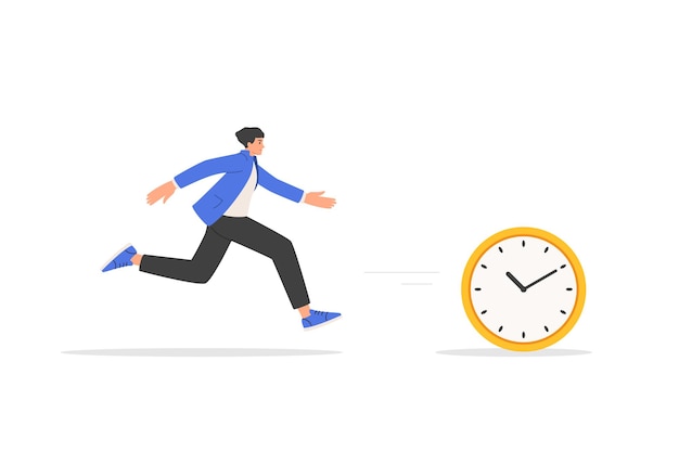 Business concept of deadline, time management, fear of being late. Businessman is chasing time. The man runs after the clock. Vector illustration isolated on white background