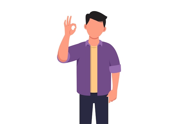 Business concept design businessman in casual clothes gesturing ok sign Okay sign gesture language Smiling male manager standing showing ok sign with finger Vector illustration flat cartoon style