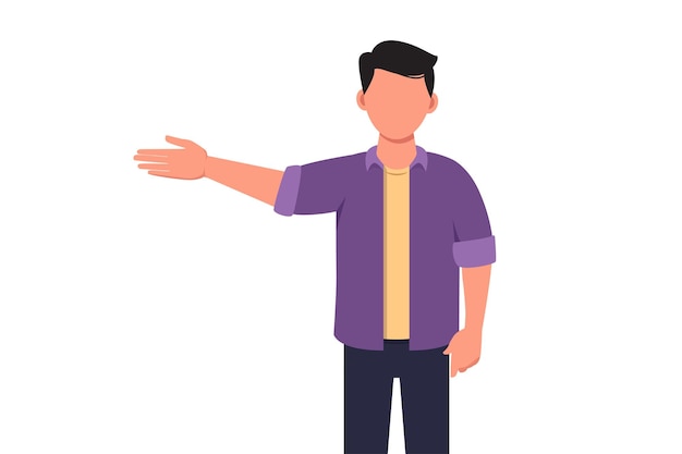 Business concept design drawing handsome businessman in casual clothes presenting something Young male manager showing something or presenting project Vector illustration draw flat cartoon style