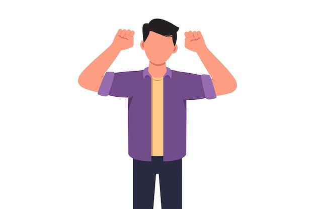 Business concept design happy employee of company standing in strong pose Young businessman with gestures two hand fist up Office worker Achievement concept Vector illustration flat cartoon style