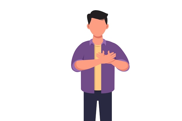 Business concept design young businessman keeping hand on chest Male suffering from chest pain or heart attack Health care concept Emotion and body language Vector illustration flat cartoon style