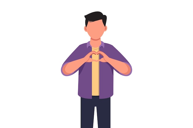 Business concept design young businessman making or gesturing heart symbol with finger in front of chest Modern male lifestyle healthcare love shape concept Vector illustration flat cartoon style