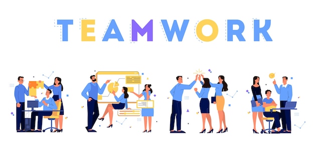 Business concept. Idea of strategy and achievement in teamwork. Brainstorm and work process. People work together in team set.  illustration 