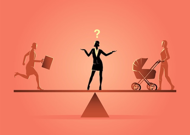 Business concept illustration of a business woman standing on a scale, choosing career or family