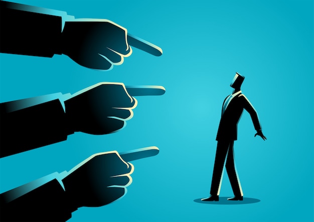 Business concept illustration of a businessman being pointed by giant fingers