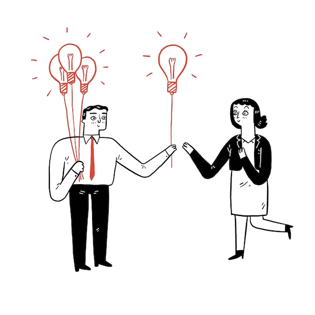 Business concept illustration of a businessman sharing knowledge to another businessmen symbolize by light bulb balloons