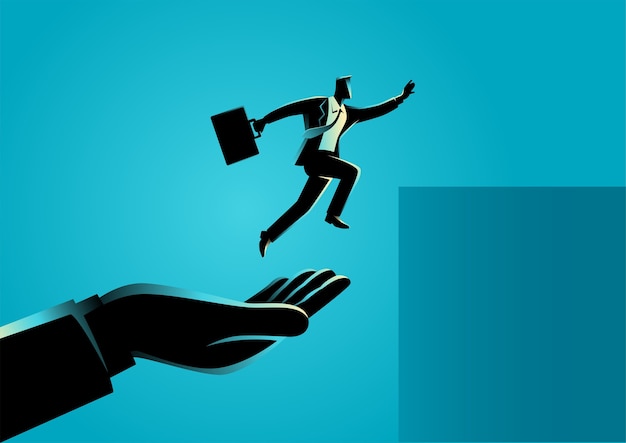 Business concept  illustration of a hand helping a businessman to jump higher