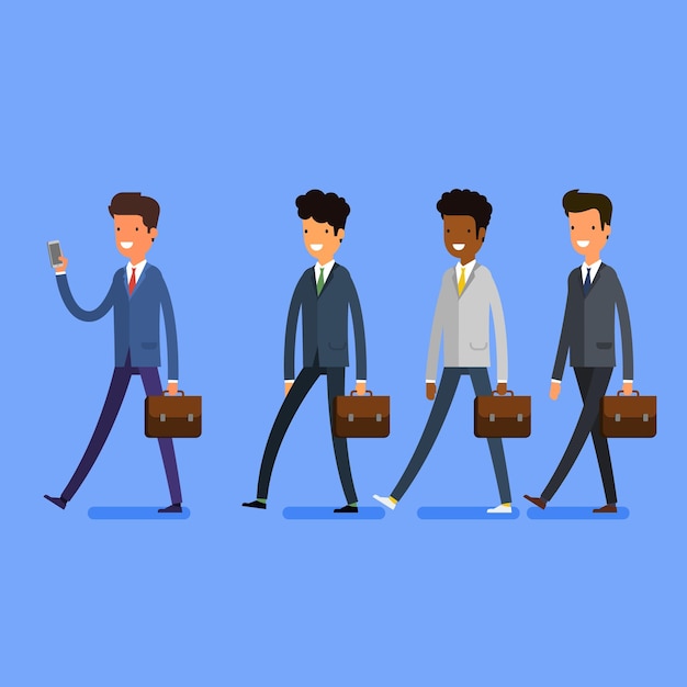 Business concept. People follow the leader with phone. Flat design, vector illustration.