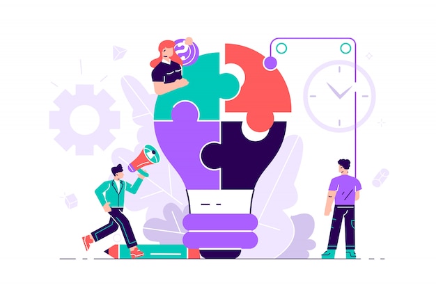 Business concept of people with lightbulb puzzle. Team metaphor. People connecting puzzles. Flat style  illustration for web page, social media, documents, cards, posters. Teamwork, management.