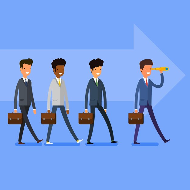 Business concept. Searching for opportunities. People follow the leader. Flat design, vector illustration.