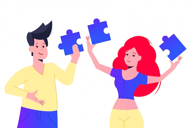 Business concept. Team metaphor. people connecting puzzle elements. Symbol of teamwork, cooperation, partnership.