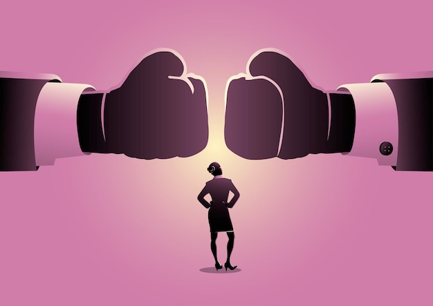 Business concept vector illustration of a businesswoman watching two giant boxing gloves clashed