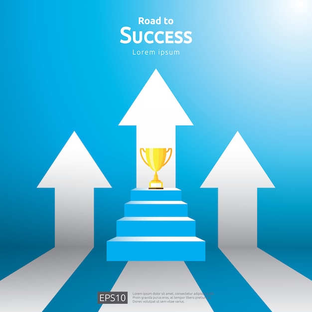 Business concept with stair and trophy cup. arrow direction to success winner