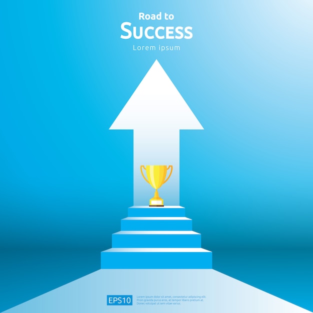 Business concept with stair and trophy cup. arrow direction to success winner