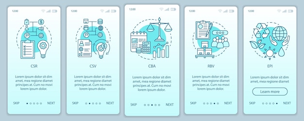 Business concepts, principles onboarding mobile app page screen template. CSR. Corporate citizenship. Business ethics. Walkthrough website. Sustainable development. UX, UI, GUI smartphone interface