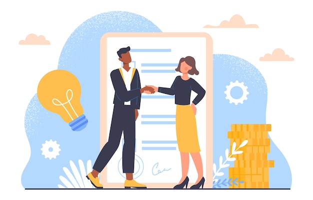 Business consolidation concept Man and woman shake hands against background of document Collaboration and cooperation teamwork People with agreement Cartoon flat vector illustration