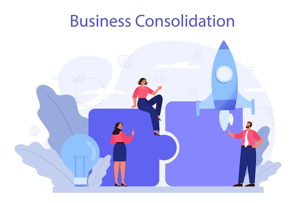 Business consolidation concept Office characters working together in collaboration Idea companies partneship and cooperation Isolated flat vector illustration