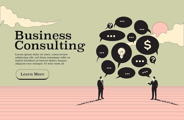 Business consulting website page or banner design template with two talking businessman