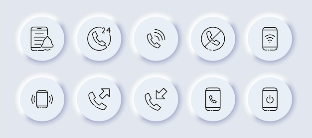 Business contacts set icon Phone notification message bell 24 7 strikethrough phone wifi outgoing call incoming power button Communication concept Neomorphism style Vector line icon