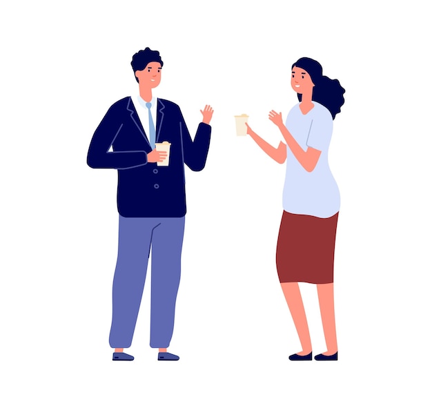 Business conversation. Businesspeople talking, man woman holding eco mugs. Manager on lunch or coffee break, isolated flat office workers vector characters. Illustration business conversation meeting