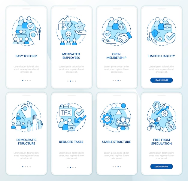 Business cooperatives advantages blue onboarding mobile app screen set