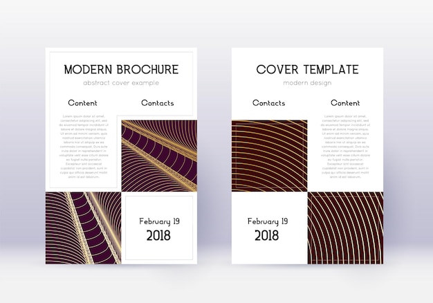 Business cover design template set. Gold abstract lines on maroon background. Appealing cover design. Optimal catalog, poster, book template etc.