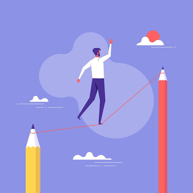 Business creative solution vector concept with businessman walking tightrope between pencils