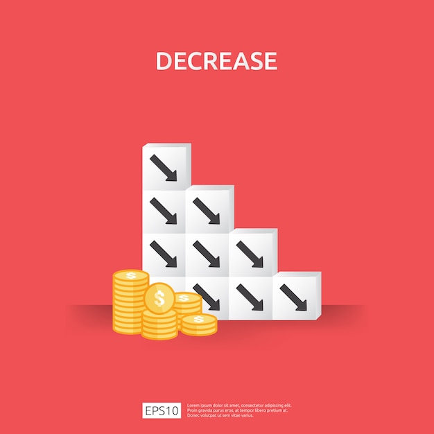 Business crisis concept. money fall down with arrow decrease symbol on stacking block. economy stretching drop, global lost bankrupt. cost declining reduction or loss of income with pile dollar coins