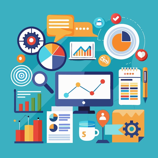 Business data analysis on computer screen with charts graphs and icons