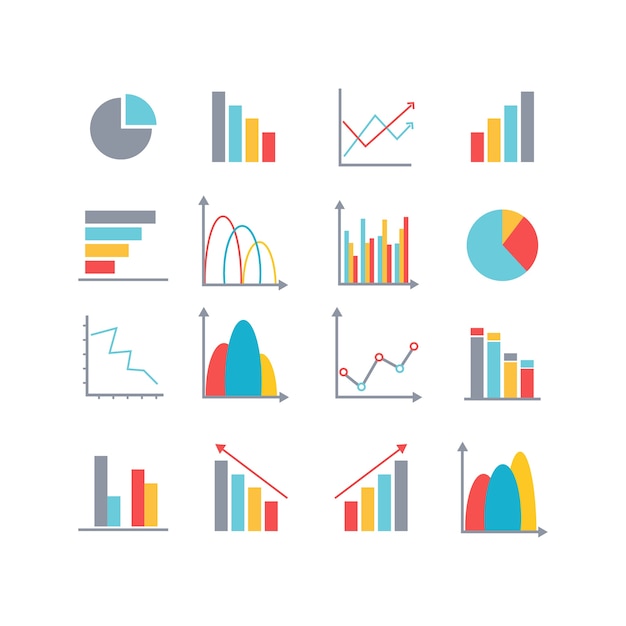 Business data market elements charts flat icons set 