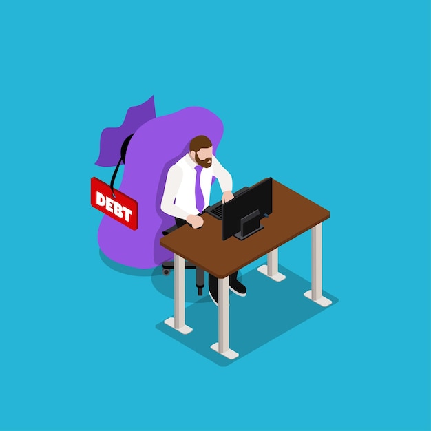 Business debt Businessman with a big bag of debt on his back isometric 3d