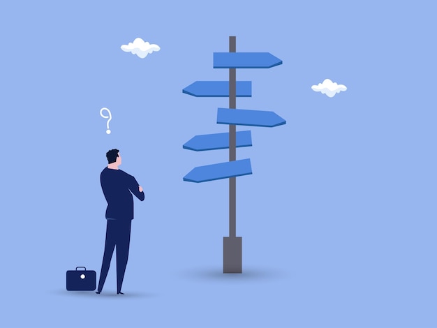 Vector business decisions work directions or choose the right path to the concept of success confused businessman looks at several road signs with question marks and thinks about which way to go