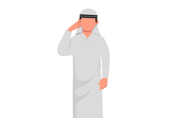 Business design drawing Arab businessman touching his temples remembering something Male holding finger on head feeling tired exhausted chronic work stress Flat cartoon style vector illustration