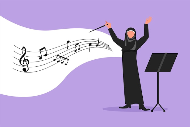 Business design drawing Arab woman music orchestra conductor Female musician with arm gestures Expressive conductor directs orchestra during performance Flat cartoon character vector illustration