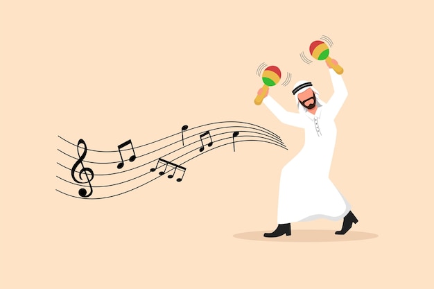 Business design drawing Arabian man street band player mariachi plays maracas Male performer with musical instruments mariachi player at national festival Flat cartoon character vector illustration