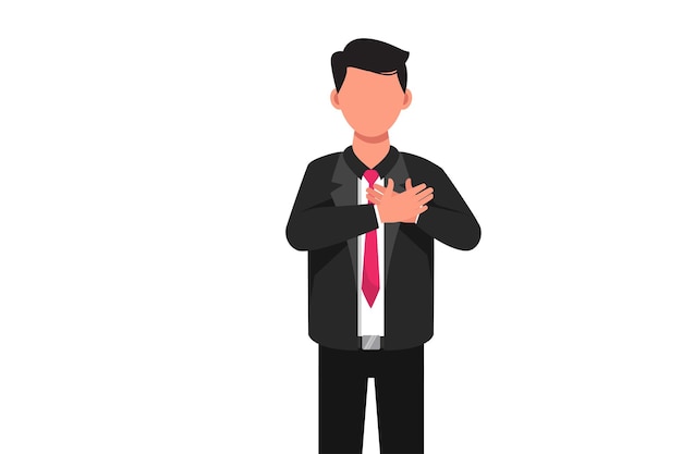 Business design drawing of businessman with pleased expression keeps hands on chest impressed by good words of gratitude Man expresses love thankful feelings Flat cartoon style vector illustration