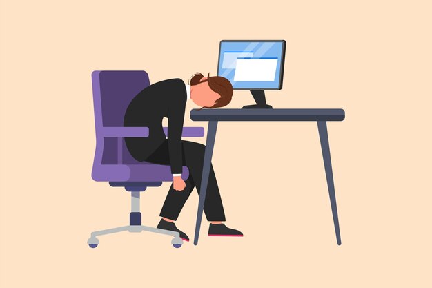 Vector business design drawing depressed businesswoman sitting with head on computer desk exhausted female manager in office frustrated worker mental health problems flat cartoon style vector illustration