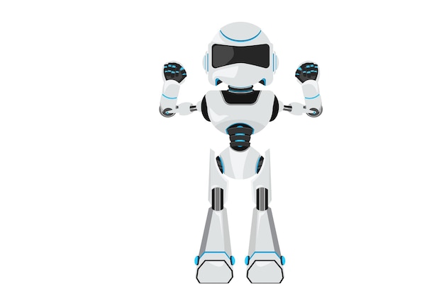 Business design drawing robot stands in strong pose Robot with gestures two hand fist up Humanoid robot cybernetic organism Future robotic tech development Flat cartoon style vector illustration